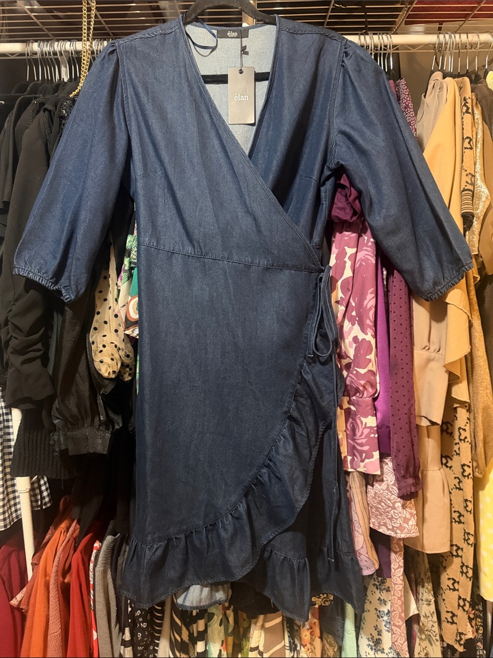 Elan Navy Wrap Midi Dress with Ruffle Hem